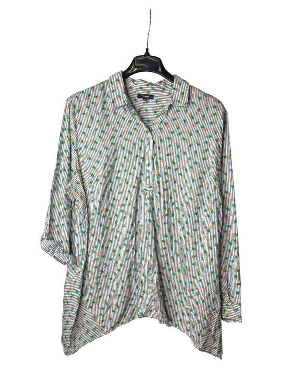 Premise Studio Womens Plus Size Popover Blouse Top 2X Striped Pineapple Print